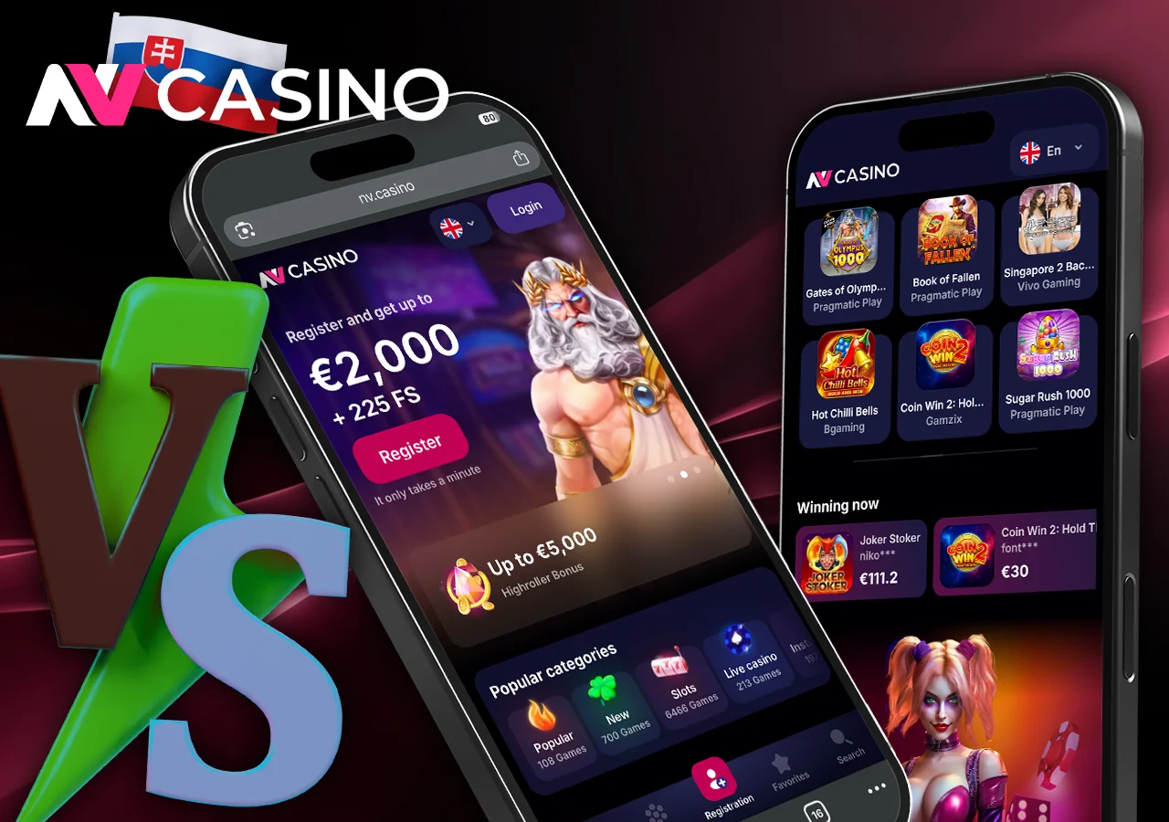 Porovnanie mobilnej aplikácie a mobilnej webovej verzie NV Casino.